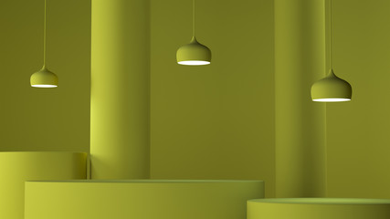 Abstract geometric background with yellow green monochrome columns, three pedestals in the center and three lamps on top, 3d illustration