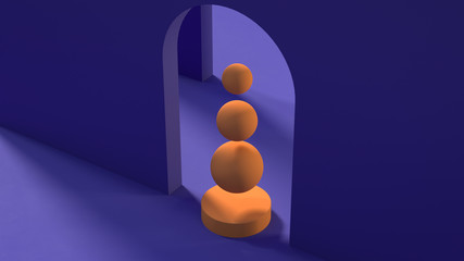 Abstract geometric background with the rhythm of blue arcs, orange spheres on the pedestal in entering, 3d illustration