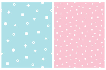 Simple Geometric Seamless Vector Pattern with White Dots, Triangles, Stars, Circles and Squares Isolated on a Pastel Blue and Light Pink Background. Cute Memphis Style Abstract Print.