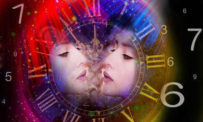 Female faces between clock hands and numbers
