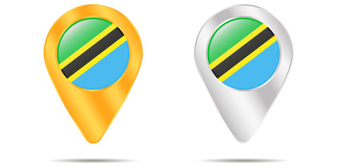 Map of pins with flag of Tanzania. On a white background