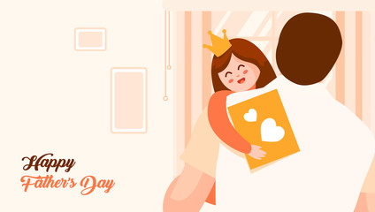 Father holds the little daughter in his arms. Happy fathers day greeting card