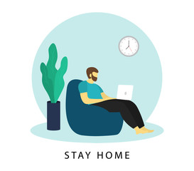 Stay home banner. Man works at a laptop. Freelance. Remote work.