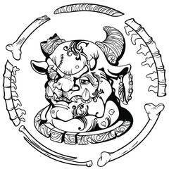 Fantasy coloring page for adults with wild creature for magic board games with  wild fantastic creature  with helmet and bones