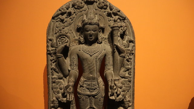 Mumbai, Maharastra/India- March 31 2020: Stone carving of the revered hindu god- Vishnu.