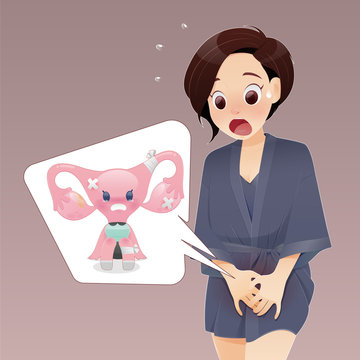 Cartoon woman in dark purple sleepwear with genital itching caused by the fungus