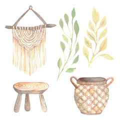 Hand painted watercolor interior sketch of a Bohemian interior with a wicker basket branches plants leaves macrame wooden table. Illustration a set of design elements - obrazy, fototapety, plakaty