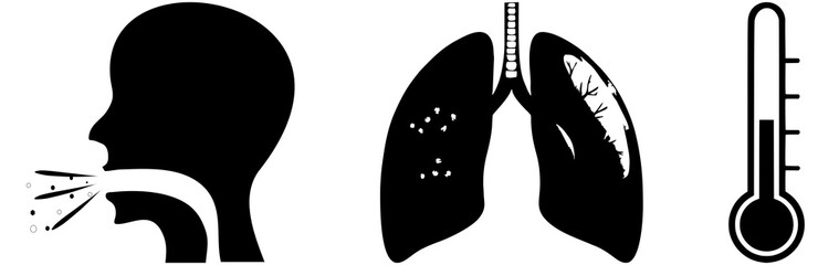 Graphic pictogram of a human head that coughs, and the lungs and a thermometer.
