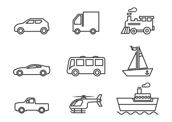 thin line icons for car,truck,bus,helicopter,pickup truck,train,boat,ship,transportation,vector illustrations