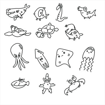 set of cute sea animals sketch children's illustrations black on white background vector