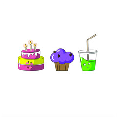 Set of funny dessert characters: cupcake, cake, cocktail. Сartoon flat style vector illustration isolated on white background. Dessert characters with smiling human faces.