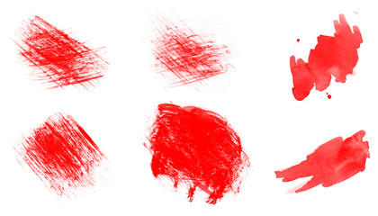 Abstract set of red paint splashes, blot and scratches