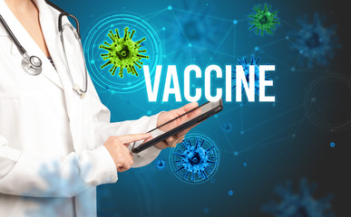 doctor prescribes a prescription with VACCINE inscription, pandemic concept