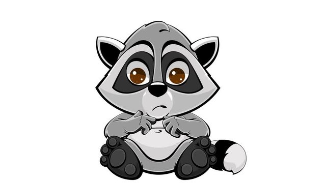 Cartoon little raccoon crying. Animated character, mascot. A loop. Transparent background with alpha channel.