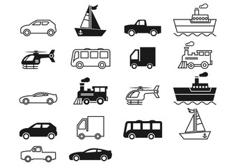 thin line icons,solid icons for car,truck,bus,helicopter,pickup truck,train,boat,ship,transportation,vector illustrations