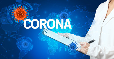 Doctor fills out medical record with CORONA inscription, virology concept