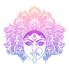 Portrait of Indian Hindi goddess Kali. Female blue head with open moth and out stuck tongue. Destroyer of evil forces. Diety, spiritual art. Occultism and witchcraft. Vector isolated illustration.