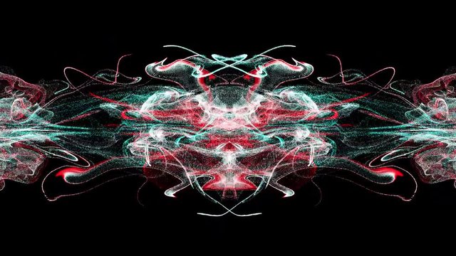 Abstract particle flames in red and cyan colors making a symmetrical composition
