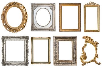 Vintage beautiful silver and golded frames with an ornament isolated on white. Retro style.