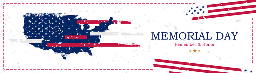 Happy Memorial Day. Greeting card with USA flag and map on the white background with texture. National American holiday event. Flat vector illustration EPS10