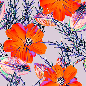 Daffodile flowers with leaves, seamless pattern.