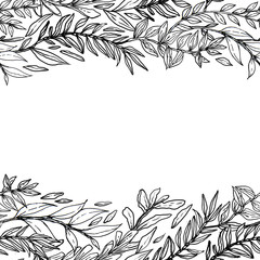 black white hand-drawn pattern of leaves. for use in office, fabric, wrapping white backgroung for text