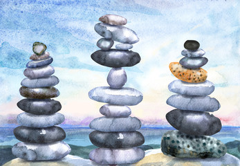 Watercolor hand-drawn landscape with stacks of flat pebbles and ocean