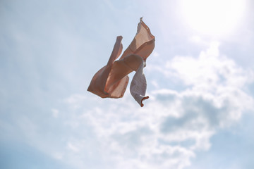 horizontal closeup photo of a pink blouse flying in the air
