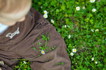Charming boy among green grass and beautiful daisies on a summer day. A small child has fun in the...