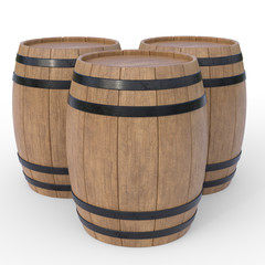 Wooden barrels isolated on white background 3d rendering illustration