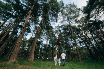 Mom, Dad holding hands Daughter, running on park background. Beautiful happy young family on a walk in summer forest park. Close up. selective focus
