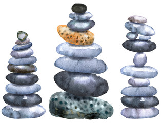 Watercolour painting of a stacks of flat pebbles