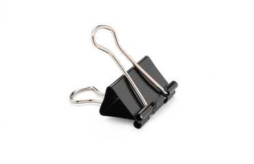 Closeup of black paperclip on white background.Isolated with clipping path photo.