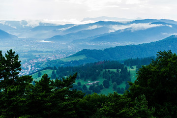 Fototapeta na wymiar Landscape of the Piatra Neamt town viewed from Pietricica mountain.