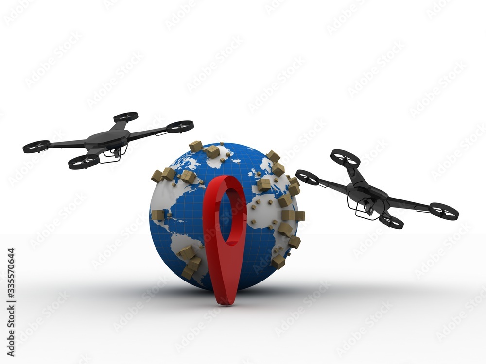 Poster 3d rendering red map pointer with drone
