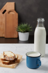 Cultured milk product, kefir, yogurt. Scandinavian, Nordic style.