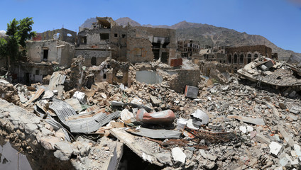 The ruins of houses destroyed by the war in the city of Taiz, Yemen