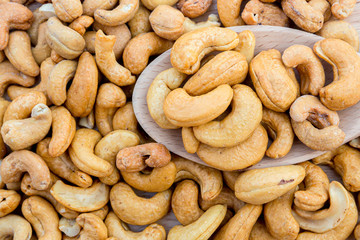 Tasty cashew nuts. The cashew tree is a tropical evergreen tree that produces the cashew seed and the cashew apple.