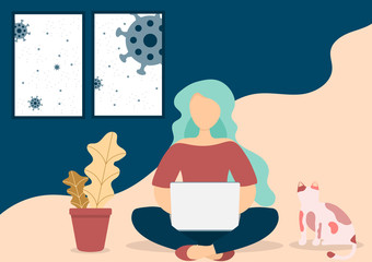 Women are at home working on a notebook to be safe from corona virus infection.Illustration about Working at home
