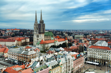 Fototapeta na wymiar Zagreb panoramic view with Cathedral, Croatia