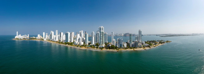 Aerial panoramic view of the Bocagrande district island, Cartagena, Colombia