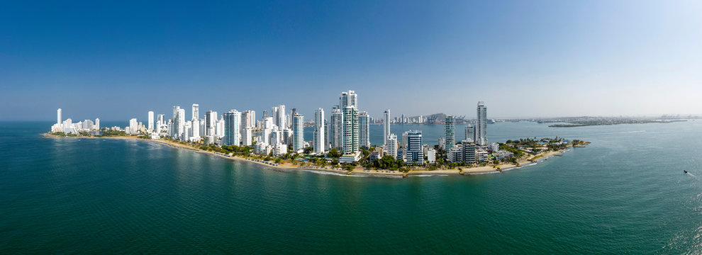 Aerial panoramic view of the Bocagrande district island, Cartagena, Colombia