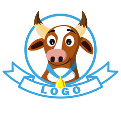 Logo of a cartoon cow with a bell. Vector illustration in flat style.