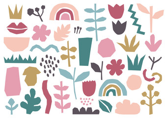 Paper cut floral shapes set. Cute and modern wallpaper, web background, fabric and covering design. Contemporary trendy collage isoleted elements.