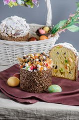 Easter basket with Easter cakes, wine and eggs.