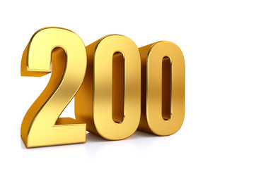 two hundred , 3d illustration golden number 200 on white background and copy space on right hand side for text