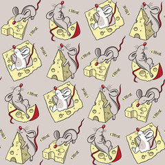 Seamless pattern with different mice, cheese and lettering