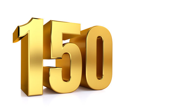 one hundred fifty, 3d illustration golden number 150 on white background and copy space on right hand side for text
