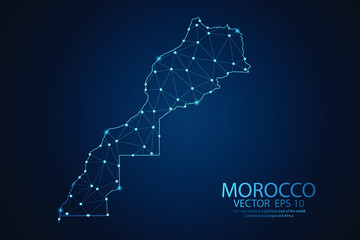 Abstract mash line and point scales on dark background with map of Morocco. Wire frame 3D mesh polygonal network line, design polygon sphere, dot and structure. Vector illustration eps 10.