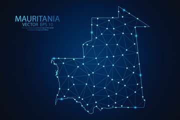 Abstract mesh line and point scales on dark background with map of Mauritania. Wire frame 3D mesh polygonal network line, design sphere, dot and structure. Vector illustration eps 10.
